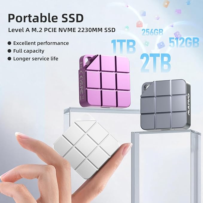 MAIWO 1TB Portable External Solid State Drive Build-in M.2 2230 PCIe NVMe SSD, USB C 3.2 Up to 1050MB/s, Mini Cute PSSD for iPhone 15 16 Pro Max MacBook Pro Air, Aluminum (Silver)