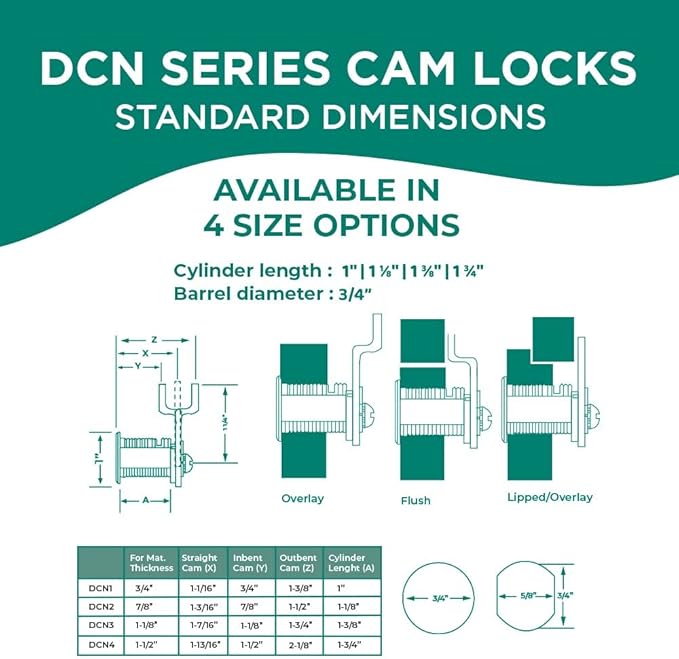 Olympus Locks DCN3 Rekeyable Cam Locks | 1-3/8 in Cylinder KD Key Lock, Grade 1 Cam Lock for Doors & Drawers, US26D Chrome, Keyed Different