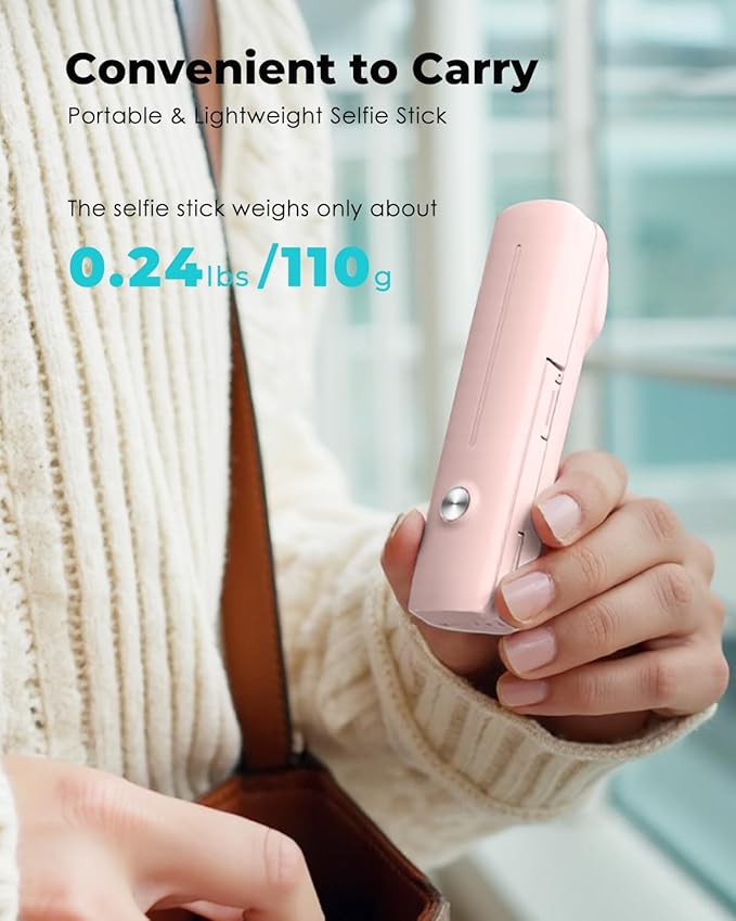 Viozon Portable Selfie Stick, Lightweight Extendable Stainless Steel Tube,All-in-One Compact Selfie Stick with Wireless Remote Compatible with 4-7" iPhone/Android Phones for Vlog/Travel/Filming, Pink
