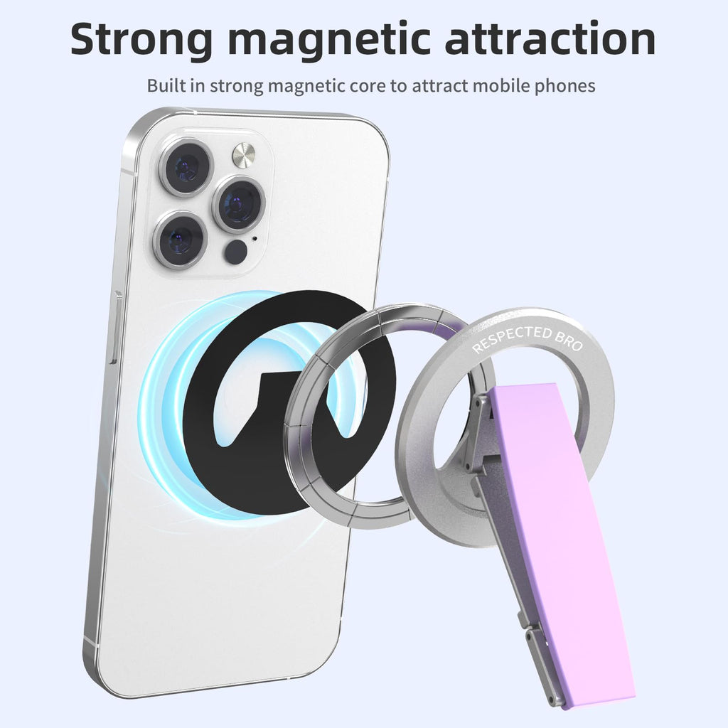RESPECTED-BRO-Magnetic-Phone-Grip-Stand, Magnetic Phone Ring Holder Kickstand with Silicone Finger Strap, Compatibility for iPhone 17/16/15/14/13/12, Android, and More (Purple)