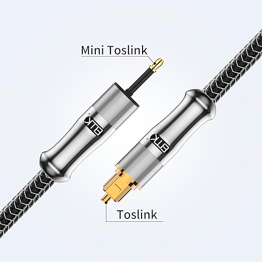 EMK 24K Gold-Plated Toslink to Mini Toslink Cable (25ft/8M) - Digital Optical Audio Cable with 3.5mm Mini Plug for Soundbar, Home Theater, TV - Silver SPDIF Fiber Optic Cord