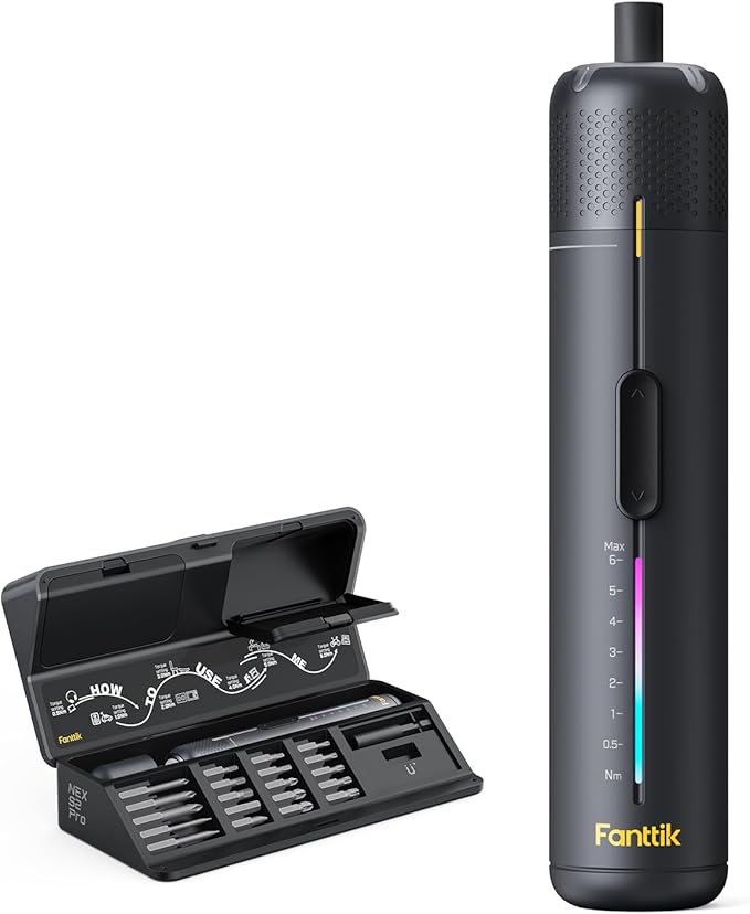 Fanttik S2 Pro Electric Screwdriver, Cordless Screwdriver Set, 7 Torque Settings, 0.5 to 6N.m, 20 Magnetic Bits, 1/4''Hex Shank, with 90° Angle Adapter, for Furniture, Household Repairs