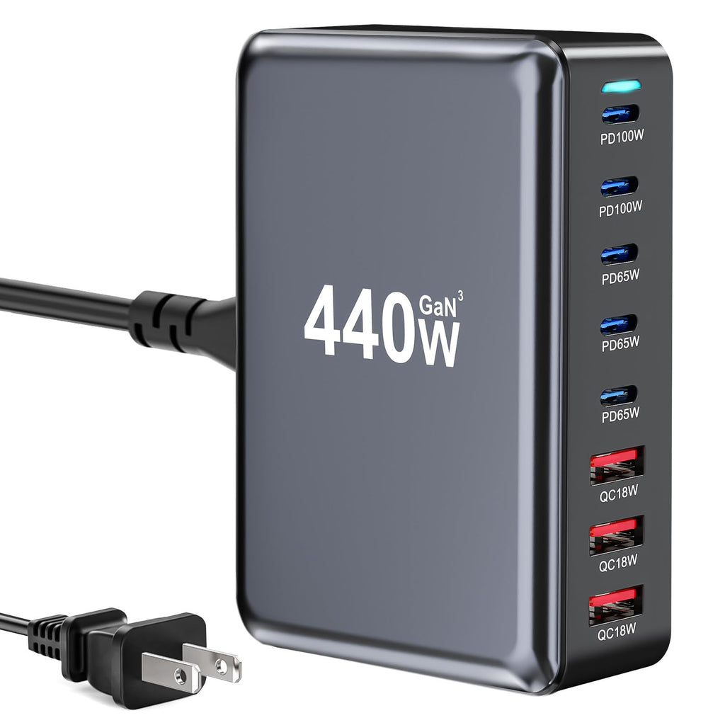 440W USB C Fast Charger Block, Multi-port USB Charging Station, GaN Ⅲ Double 100W PD PPS Port Fast Charging Station for Multiple Devices,Laptop Wall Charger Compatible with MacBook, iPhone 17,iPad etc