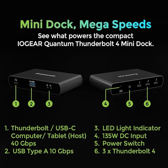 IOGEAR Quantum Thunderbolt 4 Mini Dock, Single 8K / Dual 4K Display, Up to 3 USB-C or Thunderbolt 4 Devices, 40 Gbps (Win 10, 11 / Mac M2 Pro M3 Pro) GTD4MHTAA