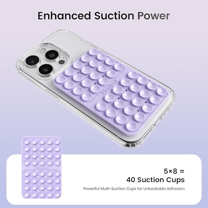 2PCS Silicone Suction Cup Phone Case Mount Double Sided, Hands-Free Phone Accessories Holder for Selfies and Videos, Silicon Sticky Phone Grip for iPhone and Android Transparent&Lavender