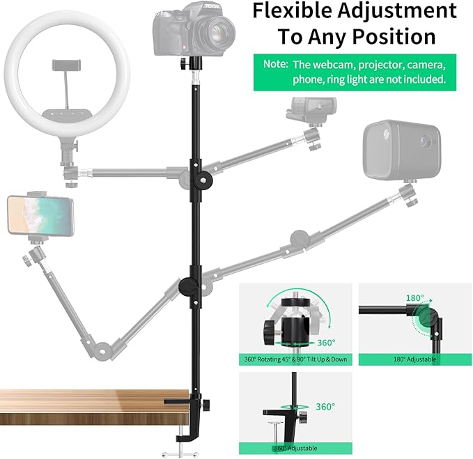 Webcam Stand Camera Mount with Phone Holder & 5/8" Screw, 22in Flexible Projector Stand Gooseneck Desk Mic Stand for Logitech C922 C930e C920 C615 C960 Brio 4K, GoPro, Blue Yeti Snowball Ice