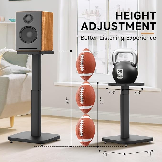 Universal Bookshelf Speaker Stands Pair - CNFRD Adjustable Height Floor Stands for Surround Sound - Holds 25lbs for Studio, Home Theater System - Tool-Free Assembly