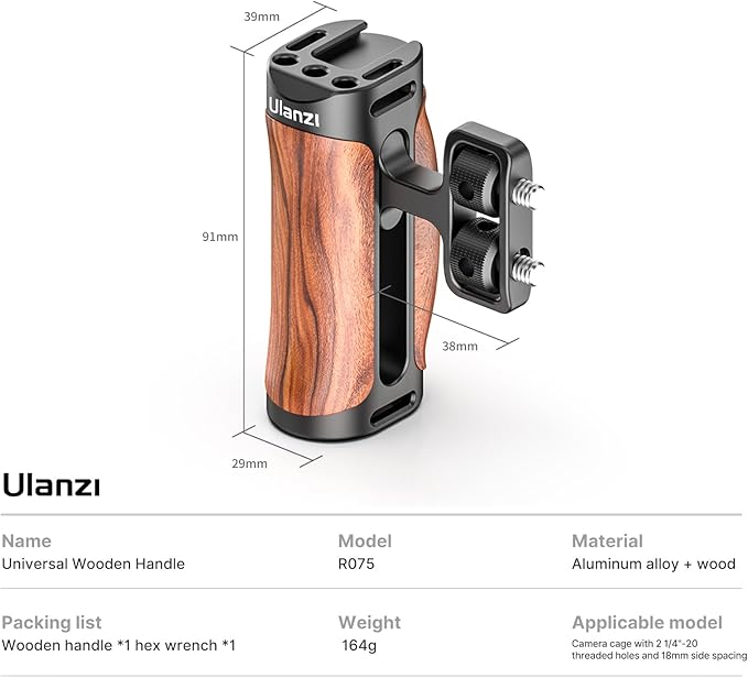 R075 Wooden Handle Grip Left Right Compatible for Sony A6400 A6600 A7III A7IV Nikon Canon Panasonic Camera Cage, for iPhone/Smartphone Video Rig Video-graphy Accessories Mobile Filming 1/4" Bracket