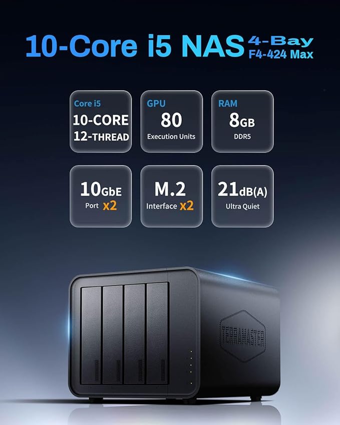 TERRAMASTER F4-424 Max NAS Storage - 4Bay Core i5 1235U 10-Cores 12-Threads, 8GB DDR5 RAM, Dual 10GbE Ports, Network Attached Storage Peak Performance for Business (Diskless)