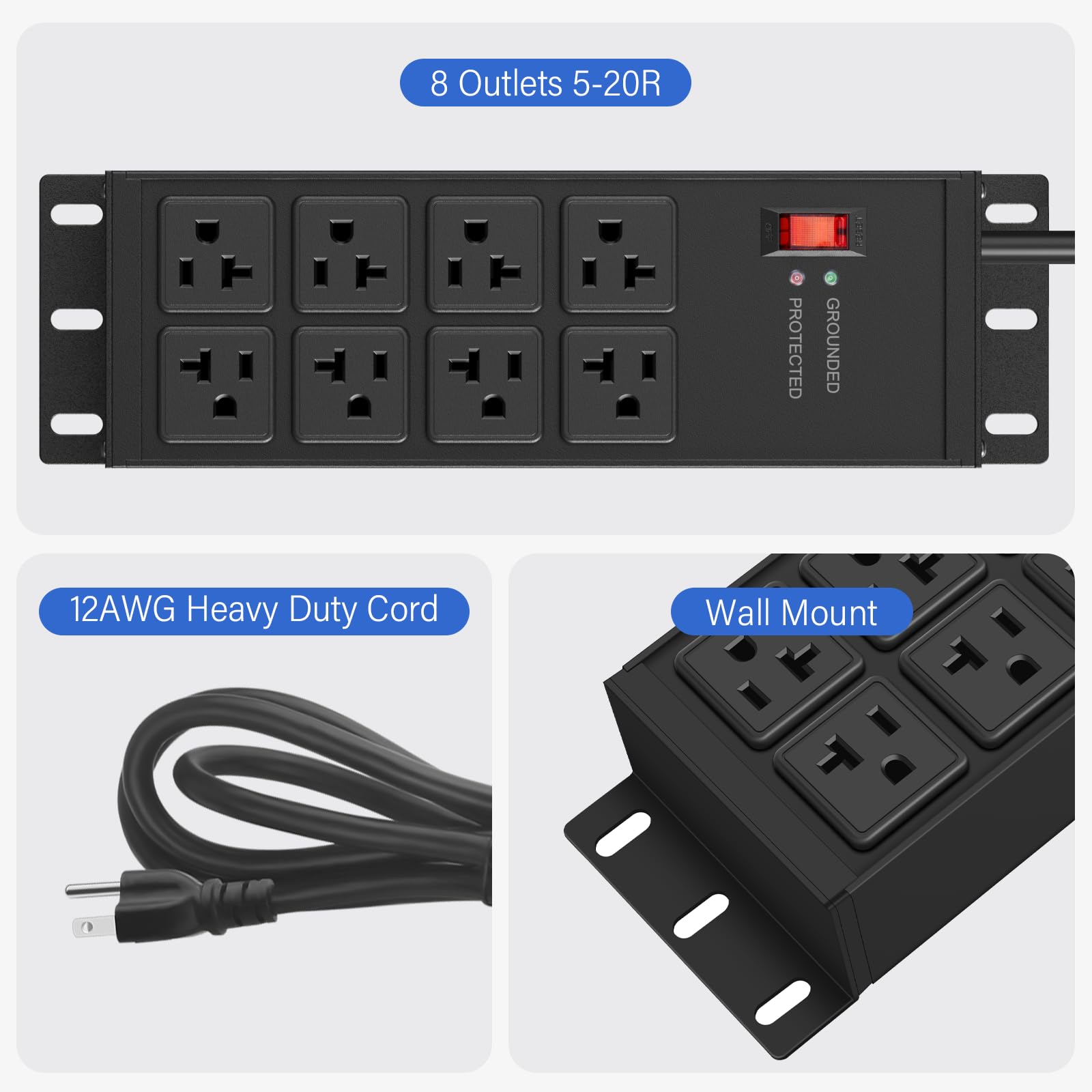 CCCEI 12 Gauge Heavy Duty Power Strip, 8 Ports, Black, 4FT.