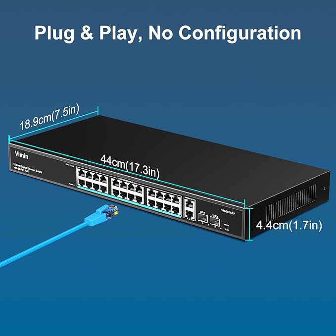 VIMIN 24 Port Gigabit PoE Switch with 2 Uplink Gigabit & 2 SFP Ports, 24-Port Ethernet PoE Switch Unmanaged w/ 320W High Power, Support IEEE802.3af/at, VLAN, Rack-Mount, Sturdy Metal Housing