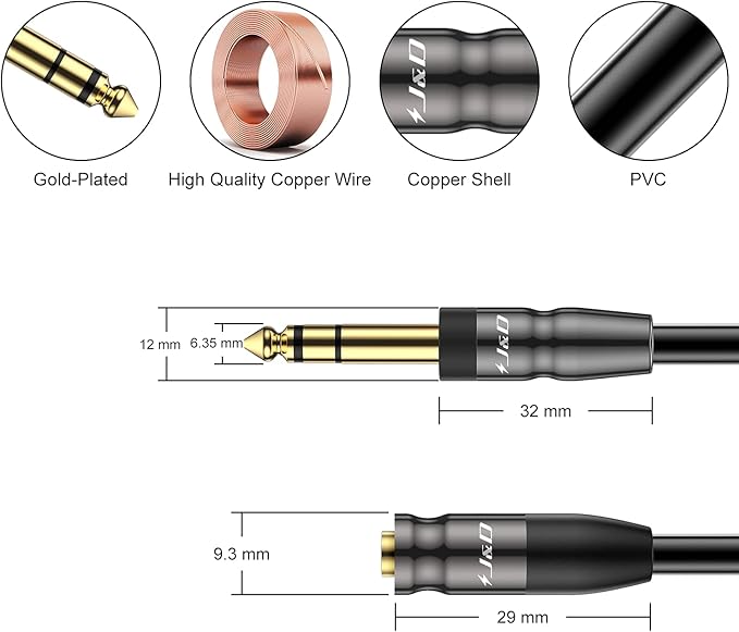 J&D 1/4 inch to 3.5mm Headphone Adapter, Heavy Duty Copper Shell Connecter Joint 3.5mm 1/8 inch Female TRS to 6.35mm Male TRS Stereo Audio Extension Cable, 3 Feet