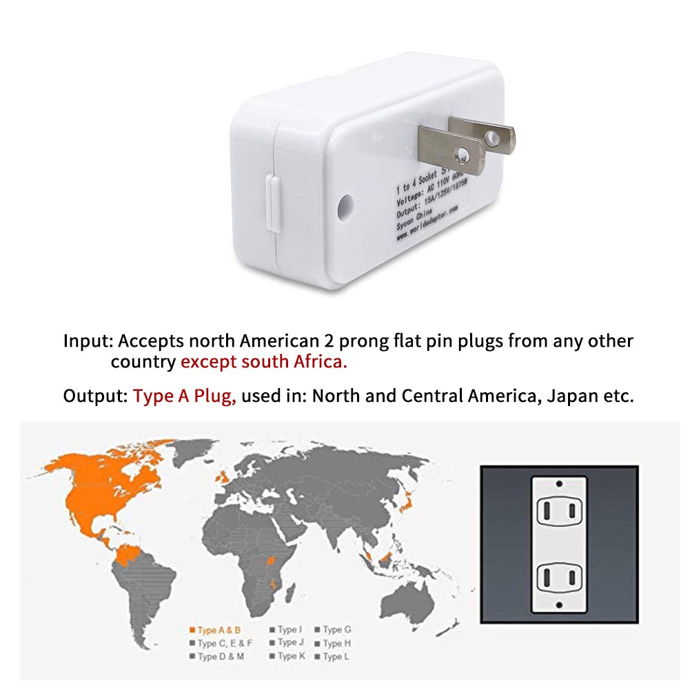 SYCON Adapter Outlet Extender, 2-Prong Mini Wall Plug, Multi Outlet Splitter with 4 Outlets