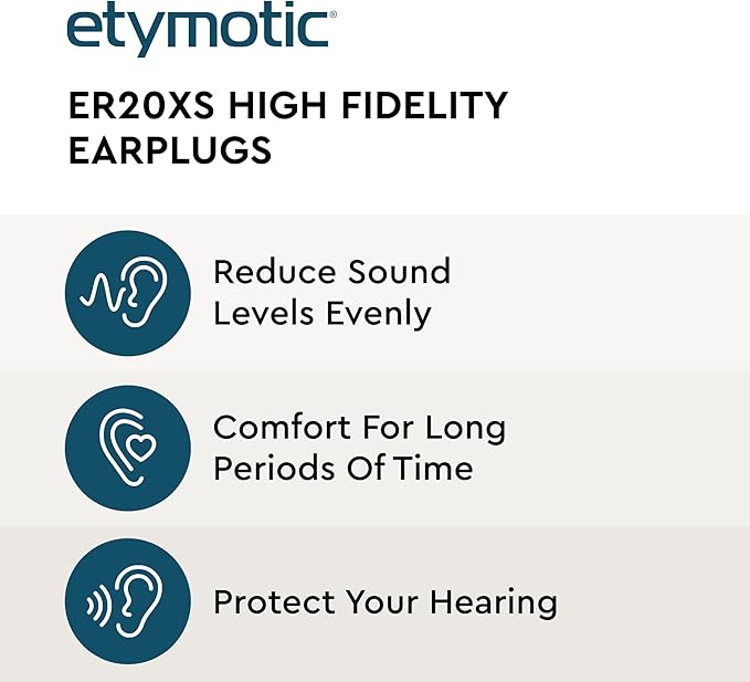 Etymotic ER20XS ETY Earplugs Set - High-Fidelity Hearing Protection - Up to 20 dB Sound Reduction - Reusable - Includes 1 Pair of Large, Standard, and Foam Eartips, Neck Cord & Case