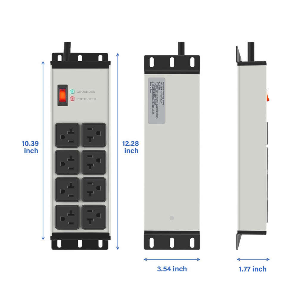 CCCEI 12 Gauge Heavy Duty Power Strip, 8 Ports, Grey, 20FT.