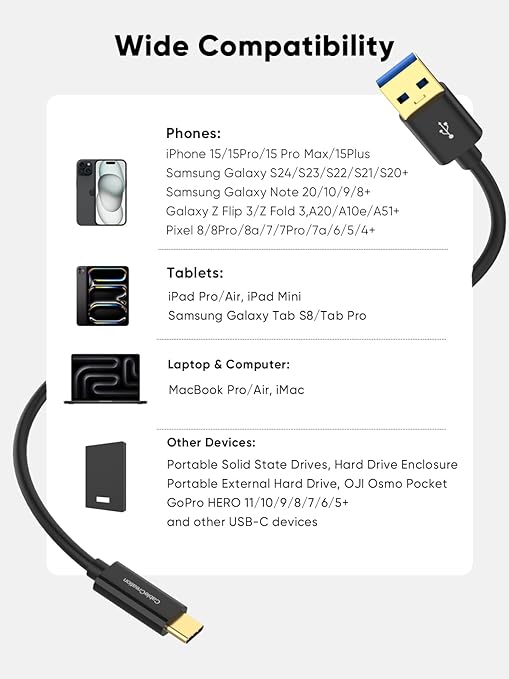 CableCreation USB C to USB A Cable 1FT, Type C to USB 3.1 USB 3.2 Gen2 10Gbps USB A to C Data Cable, Android Auto Cord 3A for USB-C External SSD MacBook Pro iPad, Galaxy S24/S23+, iPhone 16/15, Black