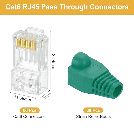 MECCANIXITY 60pcs Cat6 RJ45 Pass Through Connectors, RJ45 Connector 8P8C Gold Plated Plugs with 60pcs Green Strain Relief Boots for Solid or Stranded UTP Ethernet Cable, 1.1mm