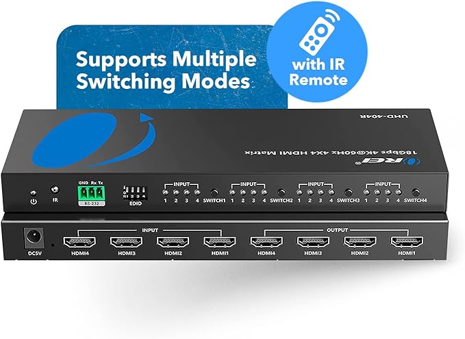 OREI 4x4 4K HDMI Matrix Switcher Splitter, (4-Input, 4-Output) Switch with Remote Control Auto Downscale 4K to 1080p, HDR10 Support (UHD-404R)