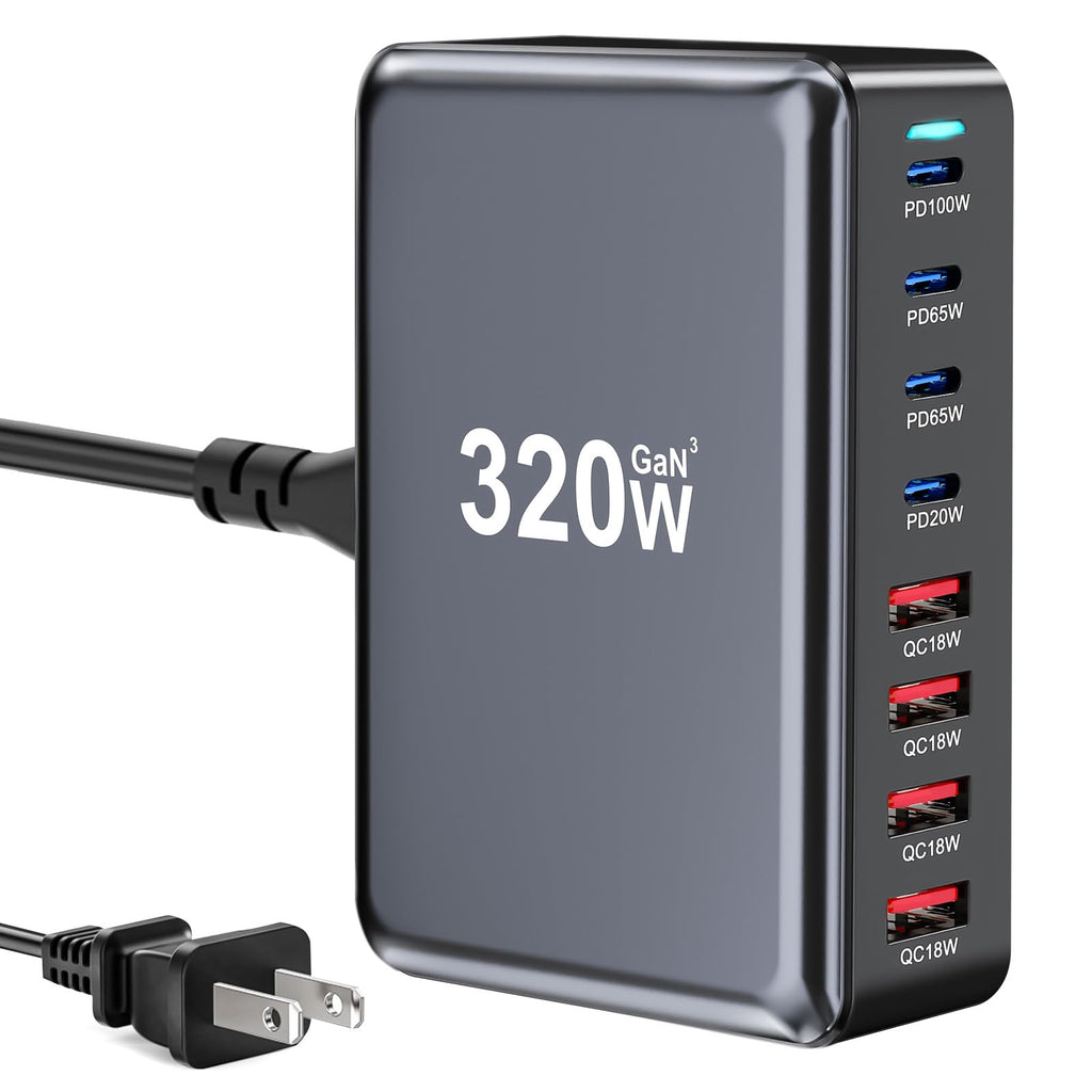 320W USB C Fast Charger Block, Multi-port USB Charging Station, GaN Ⅲ Double 100W PD PPS Port Fast Charging Station for Multiple Devices,Laptop Wall Charger Compatible with MacBook, iPhone 17,iPad etc