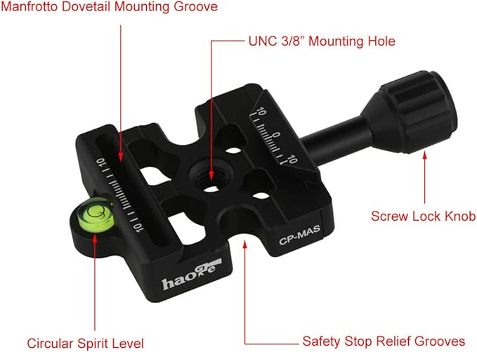 Haoge CP-MAS Screw Knob Clamp Adapter Mount for Quick Release QR Plate Camera Tripod Ballhead Monopod Ball Head Fit Arca Swiss and Manfrotto 200PL-14 RC2 Plate