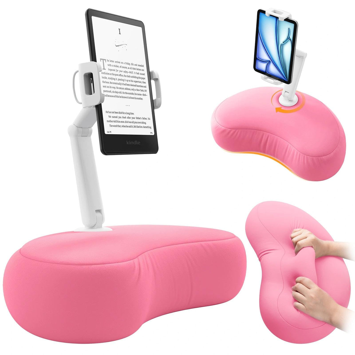 SAIJI Tablet Pillow Stand, Kindle Holder Compatible with 4.7-15.6” Kindle, Phone, Portable Monitor, 360° Adjustable Tablet Stand for Bed with Flexible Dual Axis Arm&Microbead Cushion (Orange)