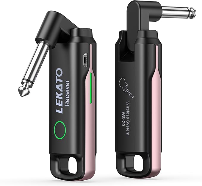 LEKATO Wireless Guitar System UHF Wireless Guitar Transmitter Receiver Rechargeable Audio Bass Cable with 70 Channels for Bass Electric Instruments(Pink)