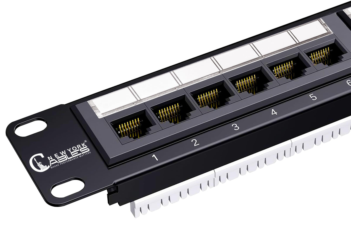 NewYork Cables 12 Port Vertical Cat6 Patch Panel – 10Gb Ethernet, 1U Wall Mount, T568A/B Color-Coded, Unshielded Keystone, 110/Krone Compatible, with Back Bar, Cable Ties & Screws