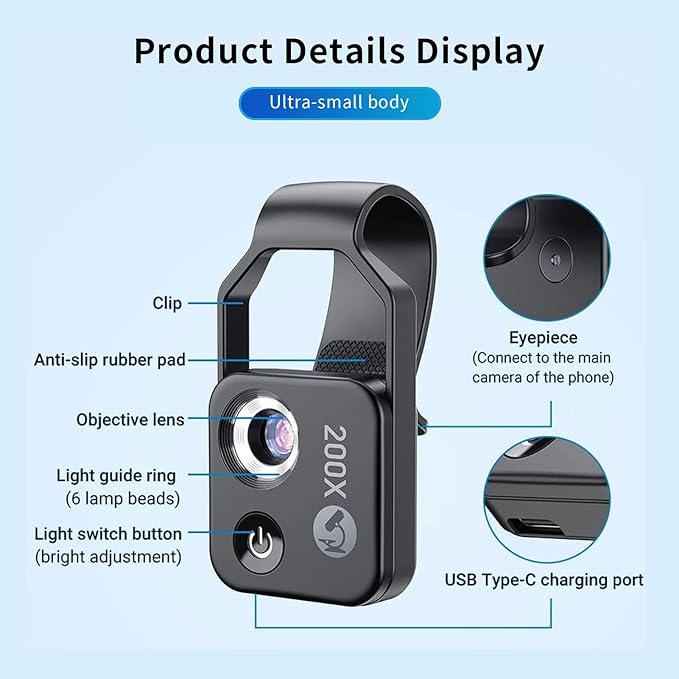 200X Phone Mini Pocket Microscope, Zoom Mobile Phone External Lens, Portable Digital Microscope Camera Attachments, with CPL Lens LED Light, Universal Clip Design (Black)