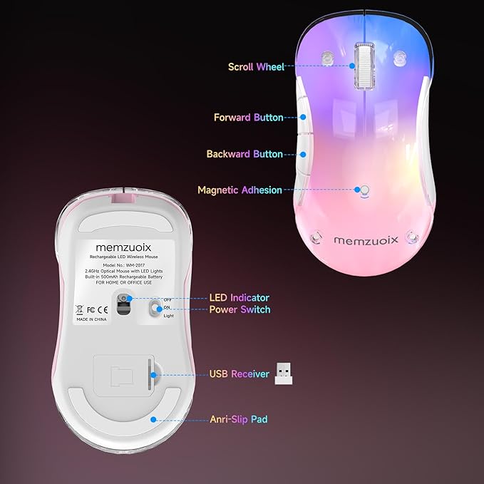 memzuoix 2.4G LED Wireless Mouse, Rechargeable Ergonomic Mouse with Detachable Cover, 1200 DPI Portable Optical Computer Mouse with USB Receiver for Laptop, PC, Desktop and MacBook, 5 Buttons-Pink
