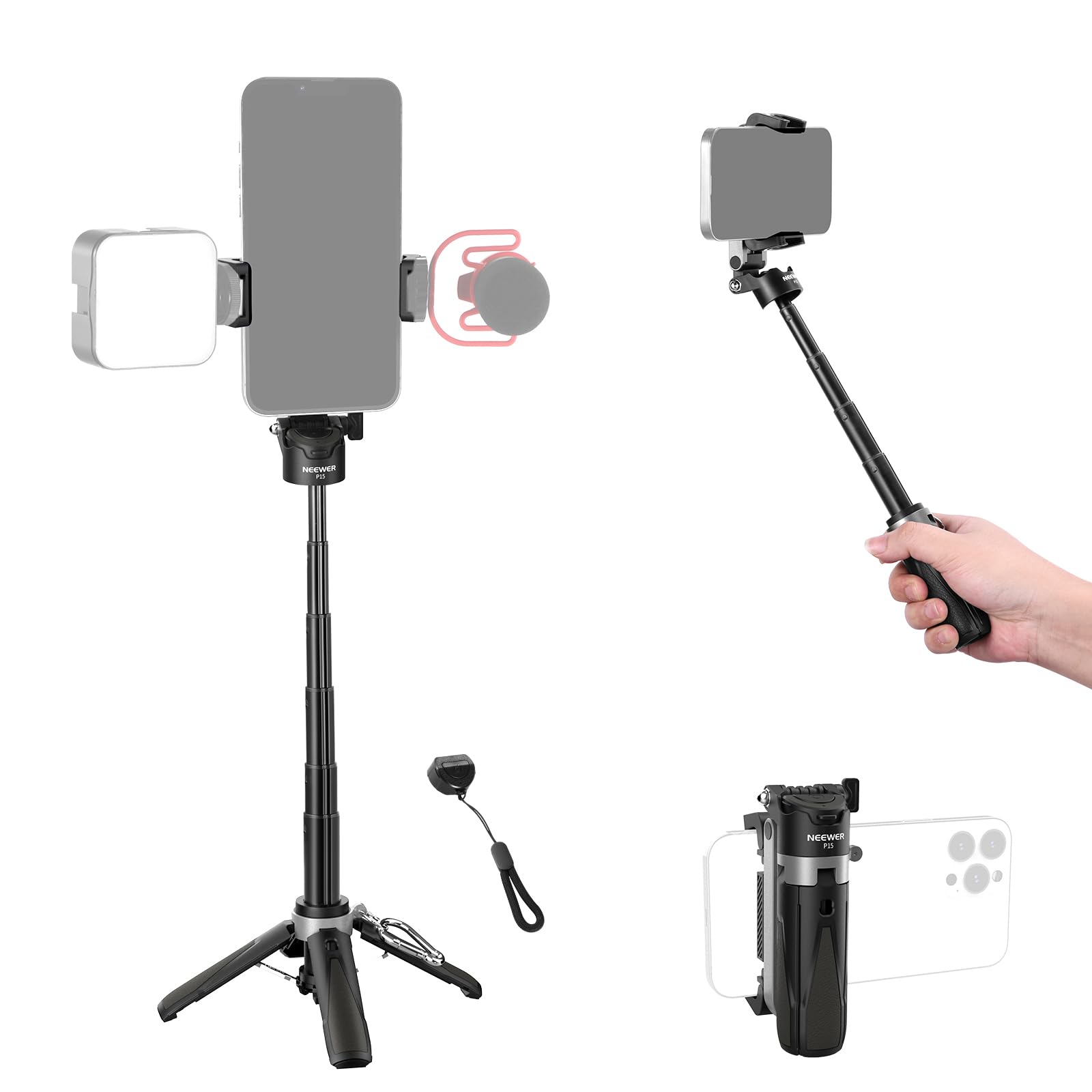 NEEWER Selfie Stick with Detachable Bluetooth Remote Shutter, Lightweight Foldable Travel Tripod for iPhone for YouTube/TikTok Vlogs Live Streaming Photography, Black, P15