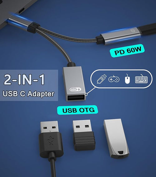 AKWOR USB C to USB OTG Adapter, 2 in 1 USB C Splitter with PD-in 60W Charging Port and USB 3.0 Female Port Compatible wit iPhone 15 Pro, MacBook Pro,Chromebook, Galaxy and More Type-C Devices