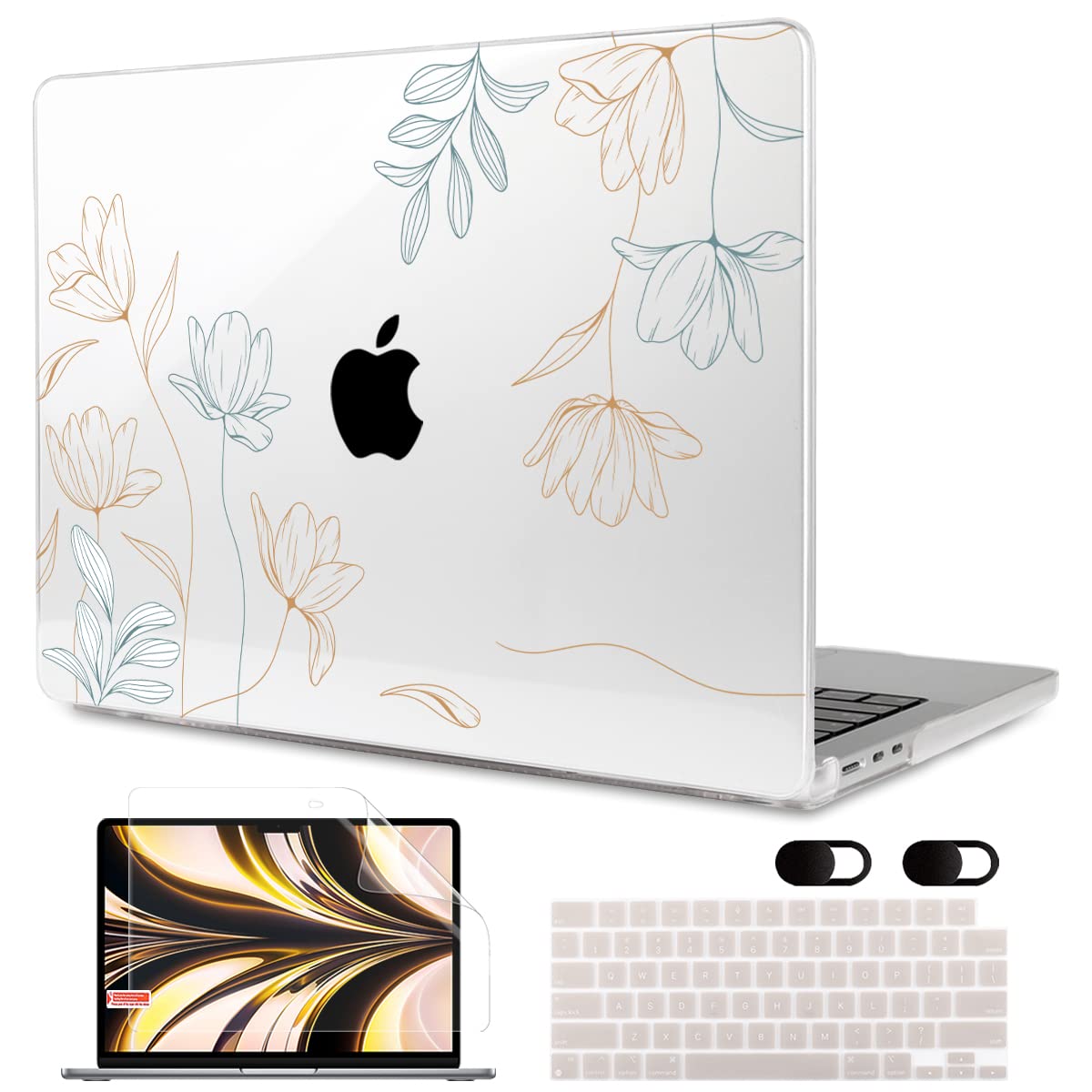 MEEgoodo Case for M5/M4/M3/M2 MacBook Air 13 inch 2026 2025 2024 2022, Fit Model A3449/A3240/A3113/A2681, Case Compatible with MacBook Air 13.6-inch, Gold Flowers Lilies