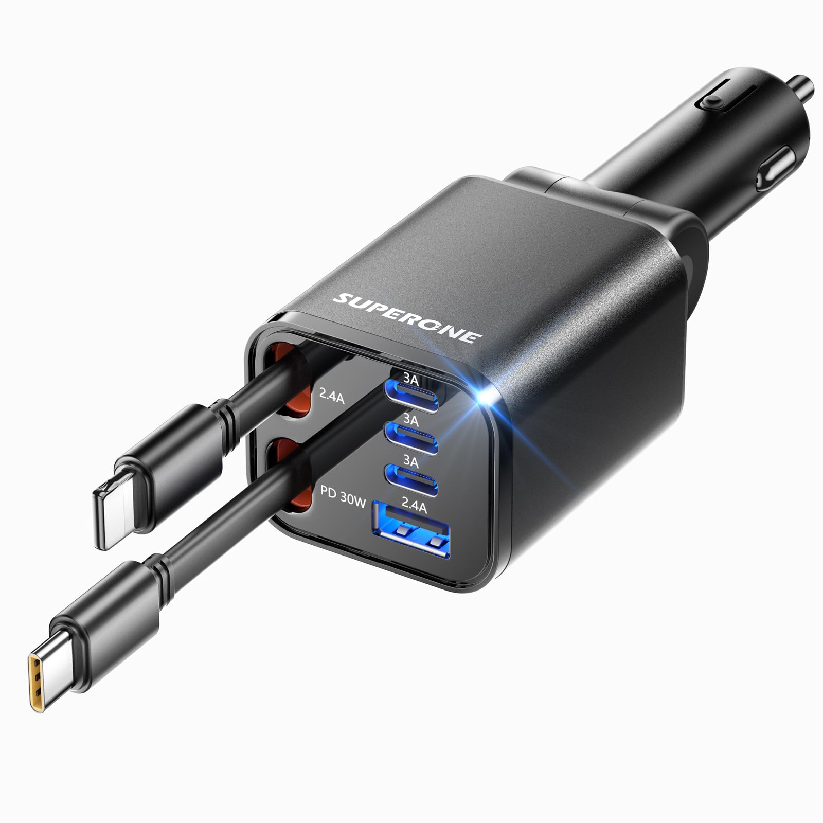 [Upgraded] 6 in 1 Retractable Car Charger with USB-C & Apple Cables
