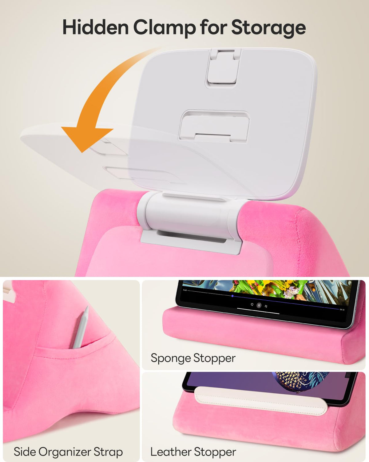 SAIJI Tablet Pillow Stand - iPad mini Kindle Holder for Lap in Bed, with Lifter & Angle Adjustable Multi-Function Clip for 4-13" Tablets, Pink