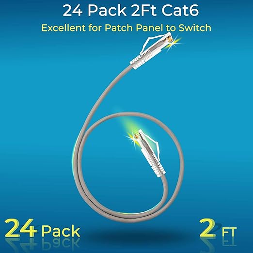 Rapink Patch Cables Cat6/ Cat6a 3ft (24 Pack) Slim, Cat6a Ethernet Patch Cable 30G Support, Snagless Cat 6 Patch Cable for Patch Panel to Switch, Flexiable Cat6 Ethernet Cable Grey