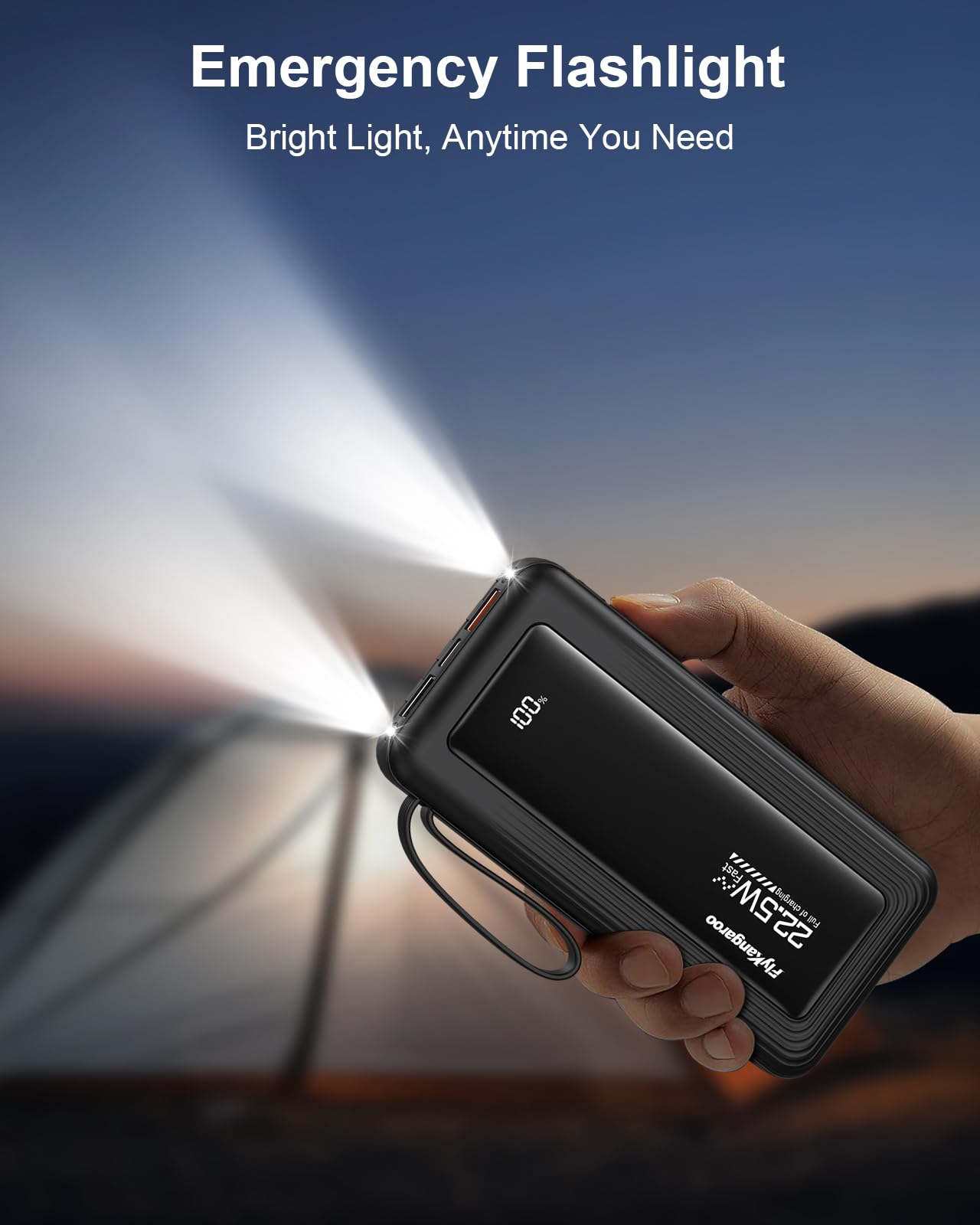 FlyKangaroo Portable Charger with Built in Cables, Slim 10000mAh Fast Charging 22.5W Power Bank USB C LED Display Battery Pack 6 Outputs & 2 Inputs for iPhone Samsung Pixel LG Moto iPad