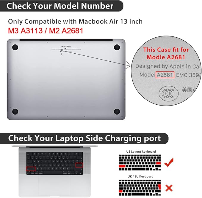 Compatible with MacBook Air 13.6 inch Case 2025 2024 2023 2022 Release M4 A3240 M3 A3113 M2 A2681 with Touch ID, Plastic Hard Shell Case&Keyboard Cover&Screen Protector&Webcam Cover, Bows