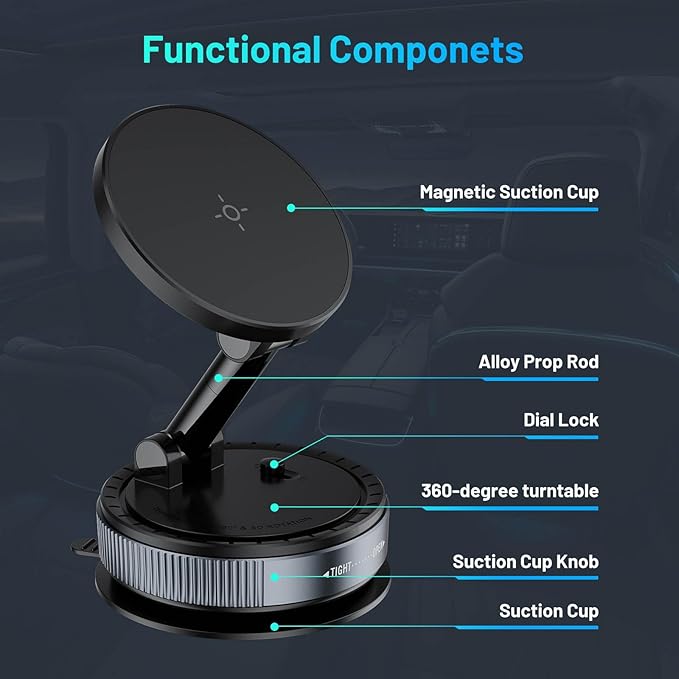 Magnetic Phone Holder for Car, Suction Cup Phone Mount, Foldable Vacuum Magnetic Phone Holder with Adjustable Swivel Lock, 360°Adjustable Phones Stand for All Smartphones,Cars, Trucks,Home,Gym