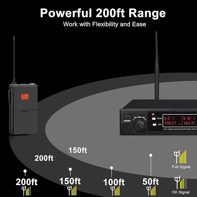 200-Channel Wireless Microphone, Wireless Lavalier Microphone Dual UHF Bodypack Cordless Lavalier Mic System Set