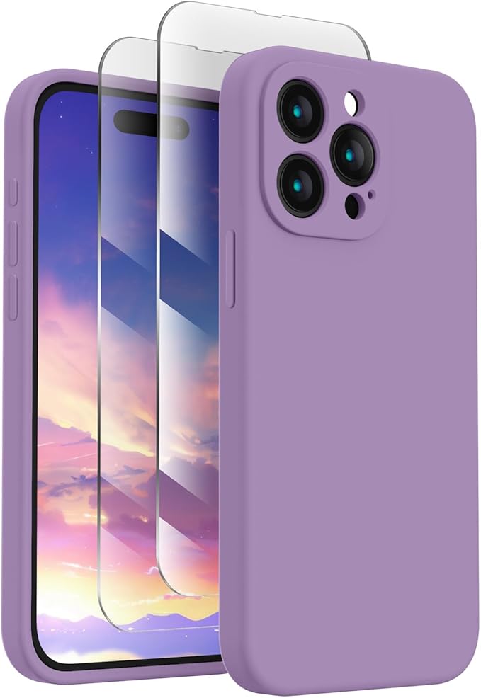 FireNova Designed for iPhone 15 Pro Case, Silicone Upgraded [Camera Protection] Phone Case with [2 Screen Protectors], Soft Anti-Scratch Microfiber Lining Inside, 6.1 inch, Light Purple
