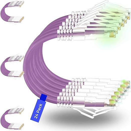 Rapink Patch Cables Cat6/ Cat6a 0.5ft (24 Pack) Slim, Cat6a Ethernet Patch Cable 10G Support, Snagless Cat 6 Patch Cable for Patch Panel to Switch, Flexiable Cat6 Ethernet Cable Purple