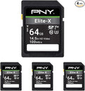 PNY 64GB Elite-X Class 10 U3 V30 SDXC Flash Memory Card - 100MB/s, Class 10, U3, V30, 4K UHD, Full HD, UHS-I, Full Size SD (Pack of 4)