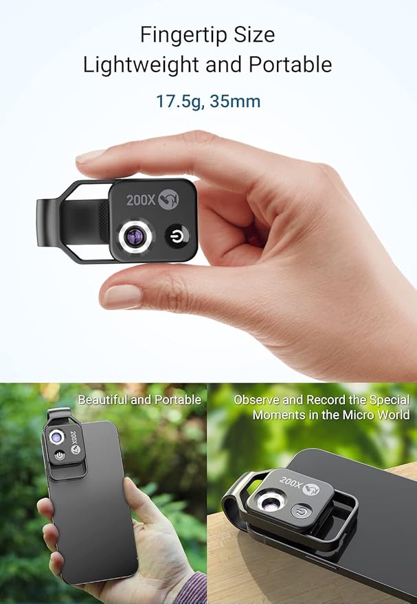 200X Magnification Microscope Lens withCPL Mobile LED Light Micro Pocket Macro Lenses for iPhone Samsung All Smartphones (Black with CPL)