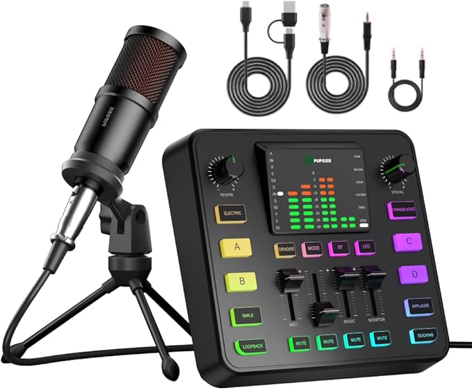 Podcast Equipment Bundle, PUPGSIS Audio Mixer with Dynamic Microphone, Pro-preamp, Bluetooth 5.3, Gaming Equipment Set for Podcast Recording, Live Streaming, Video Vocals, Phone, DJ