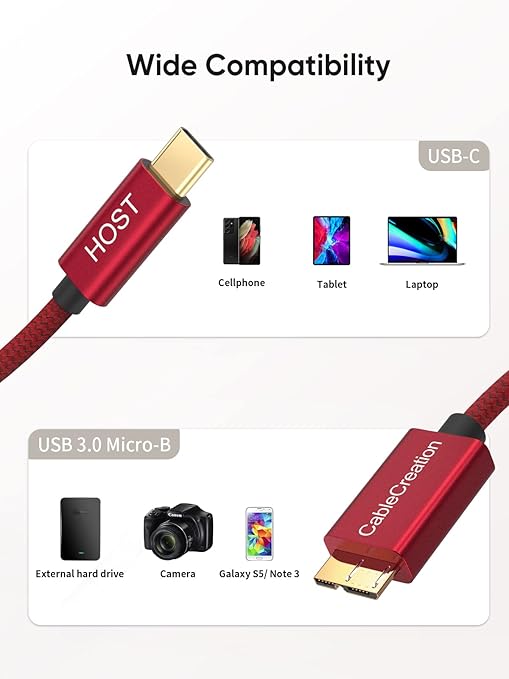 CableCreation 1FT USB C to Micro B Cable,10Gbps Speed External Hard Drive Braided,USB 3.1 Type C to Micro B Work for iPhone 15 Series,Seagate WD Westgate My Passport,MacBook Pro/Air, iPad/Tablet,Red