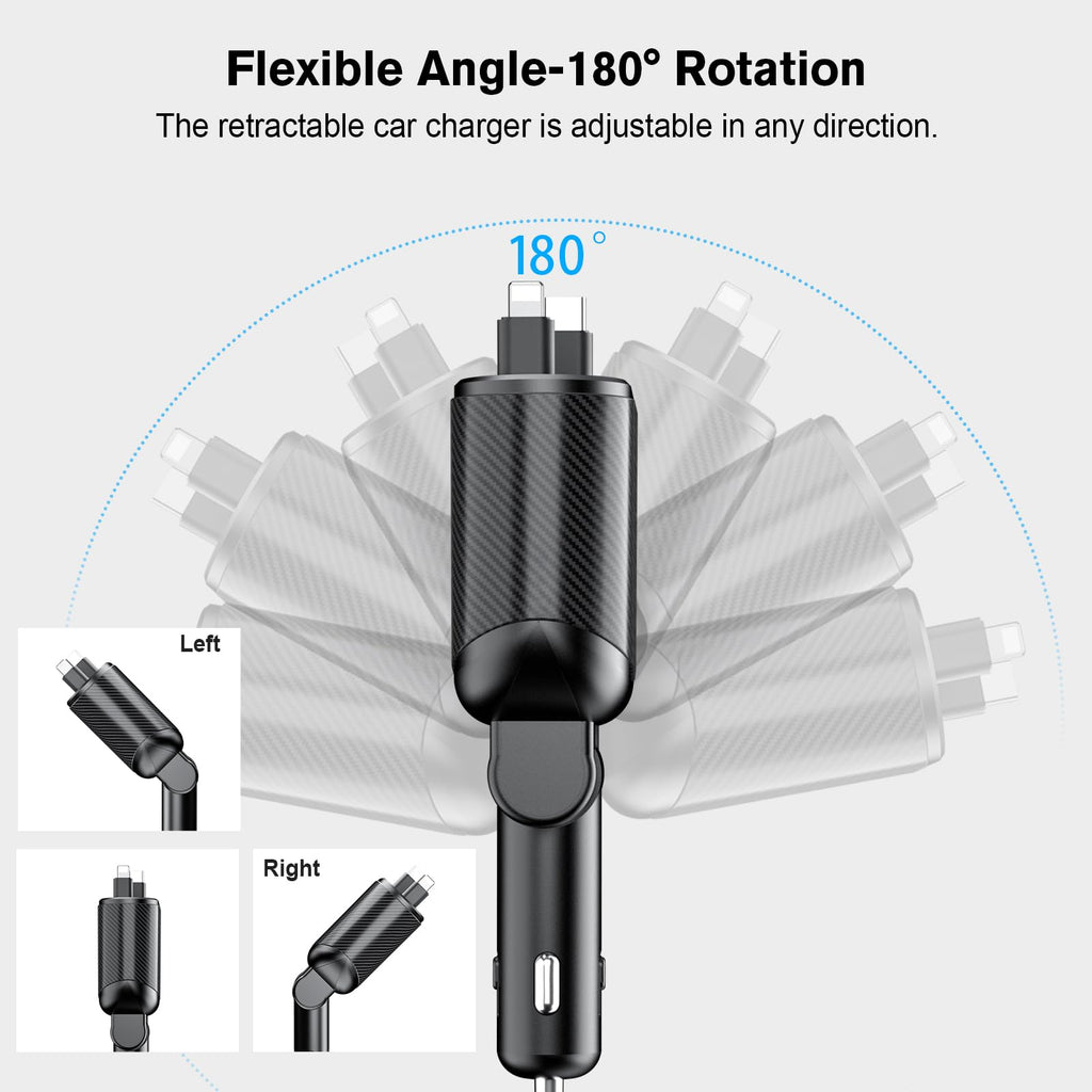 MAGJIEYX Retractable Car Charger, Fast Charging Adapter 62W Type-C/USB-i Cables and USB C/USB A QC & PD Ports for iPhone 17/16/15/14/13/12Pro Max Plus,iPad,AirPods, Galaxy