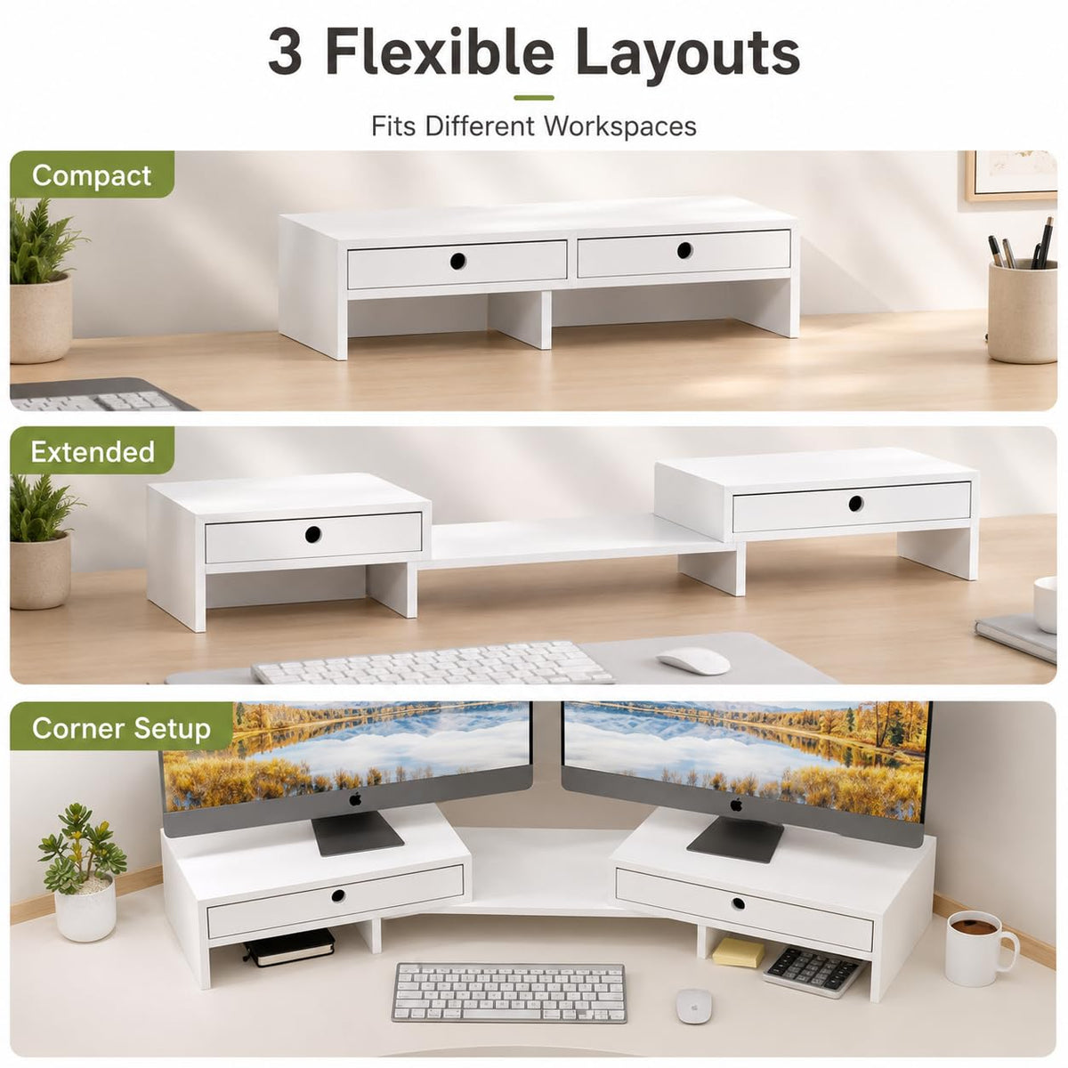 LAPTAIN Monitor Stand Riser, Adjustable Monitor Stand, 2 Drawers, White