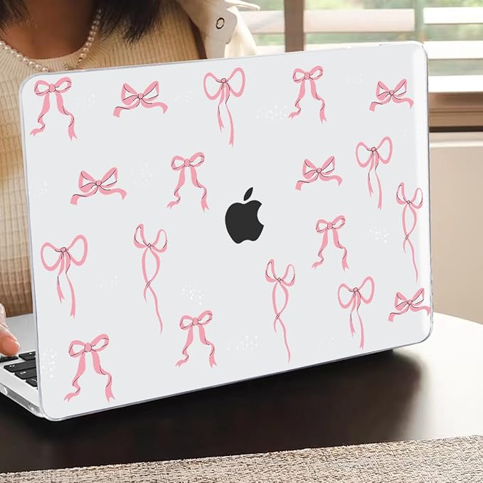 for MacBook Pro 13 Inch Case 2022 M2 2020 2021 A2338 M1 A2251 A2289 with Touch Bar & Touch ID, Pattern Plastic Hard Case Keyboard Cover Screen Protector Webcam Cover Brush, Pink Bowknot