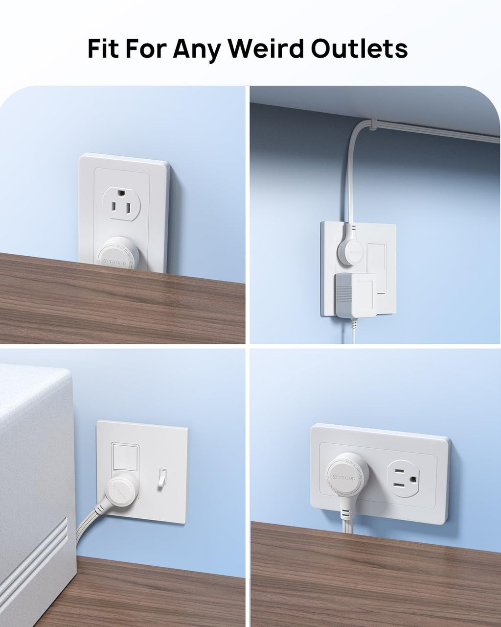 TROND Rotating Flat Plug Short Extension Cord 3ft, 3 AC, ETL Listed, White