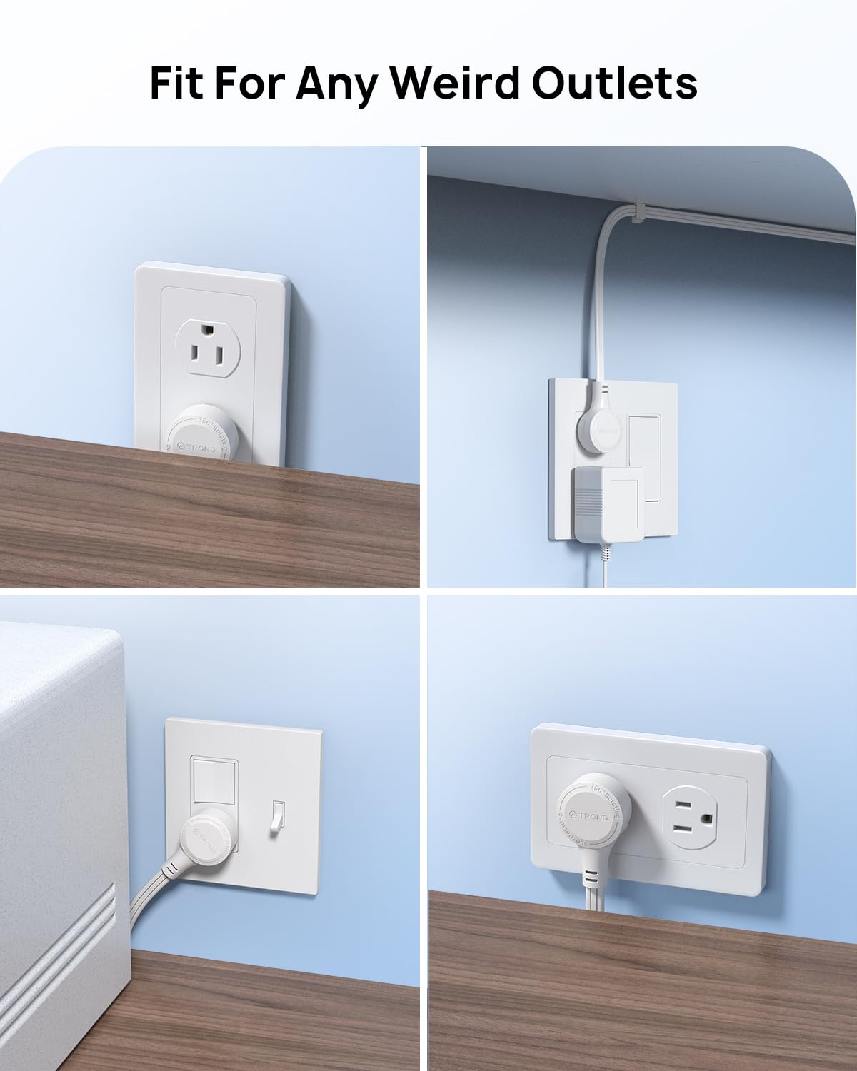 TROND Rotating Flat Plug Short Extension Cord 3ft, 3 AC, ETL Listed, White